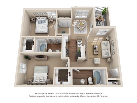 Floor plan for 2 beds, 2 baths, 1040 sqft